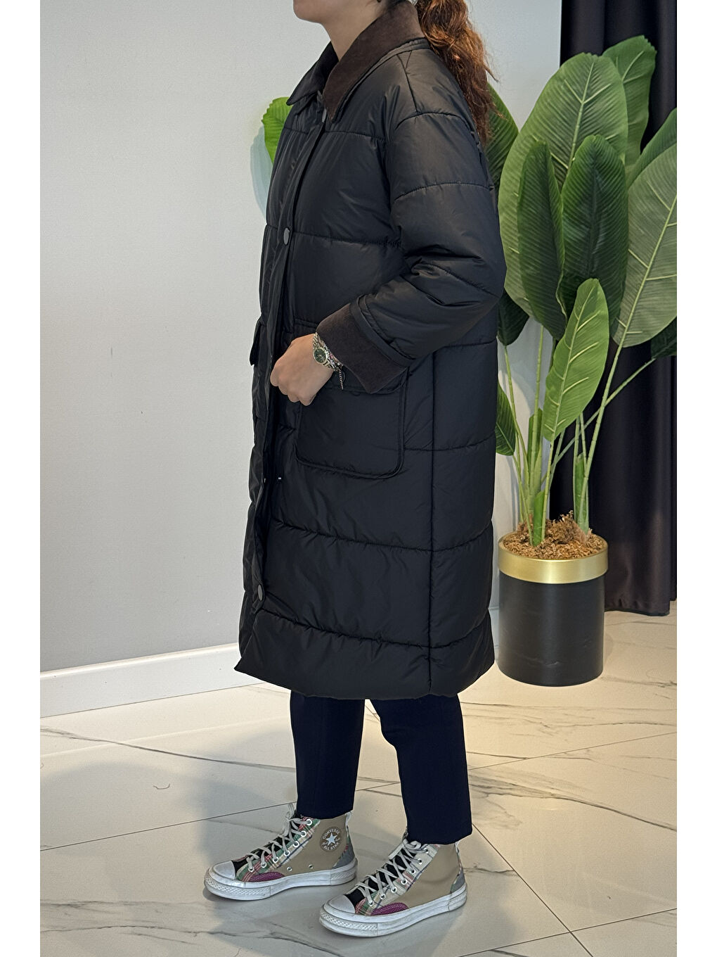 Fitilli Kadife Garnili Uzun Şişme Mont 35691 Siyah-2