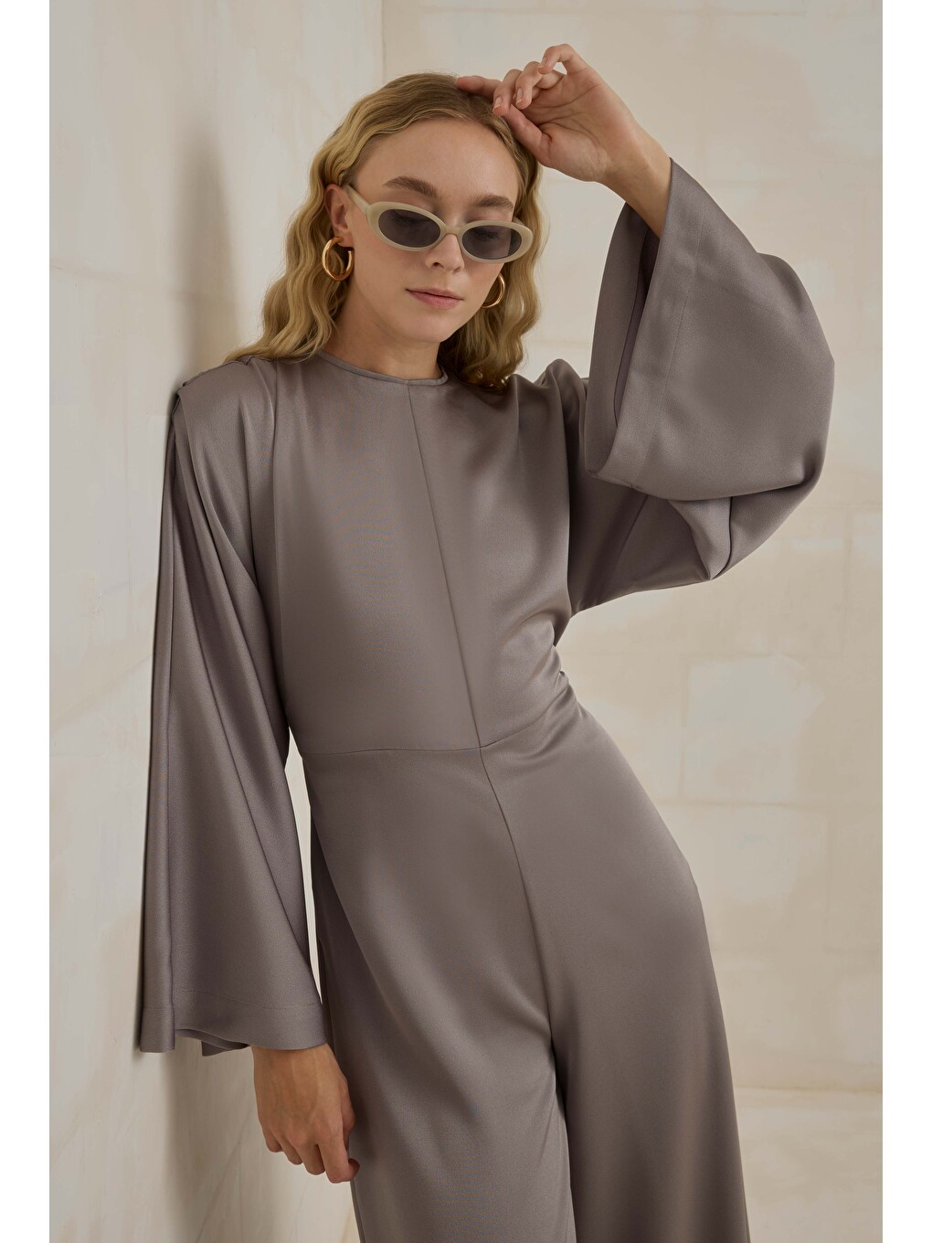 Yeşil Dökümlü Geniş Kollu Tulum Füme-4