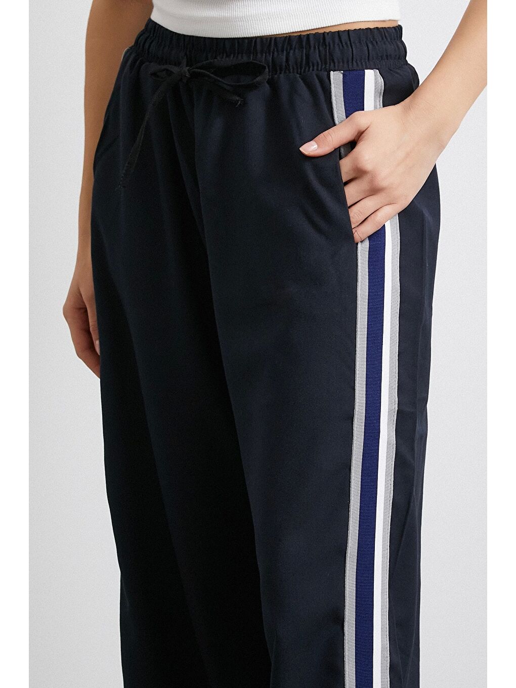 Beli Lastikli Çift Şeritli Pantolon Lacivert-4