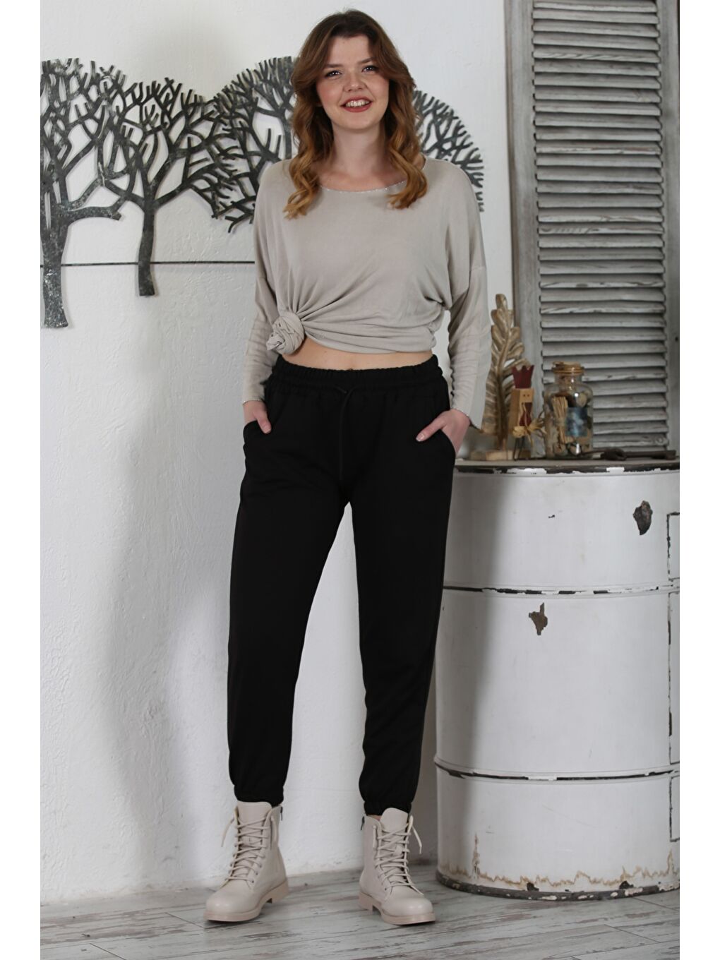 Siyah Çift Cepli Lastikli Ve Bağlamalı Bel Jogger Paça Casual Örme Pantolon 92 60-2