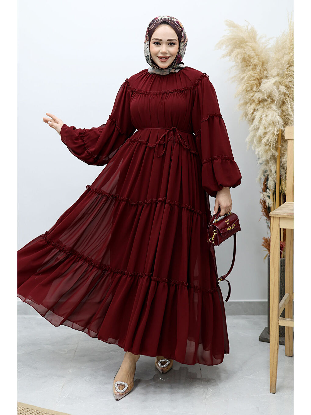 Beli Bağlamalı Fırfırlı Şifon Elbise TSD260142 Bordo-4