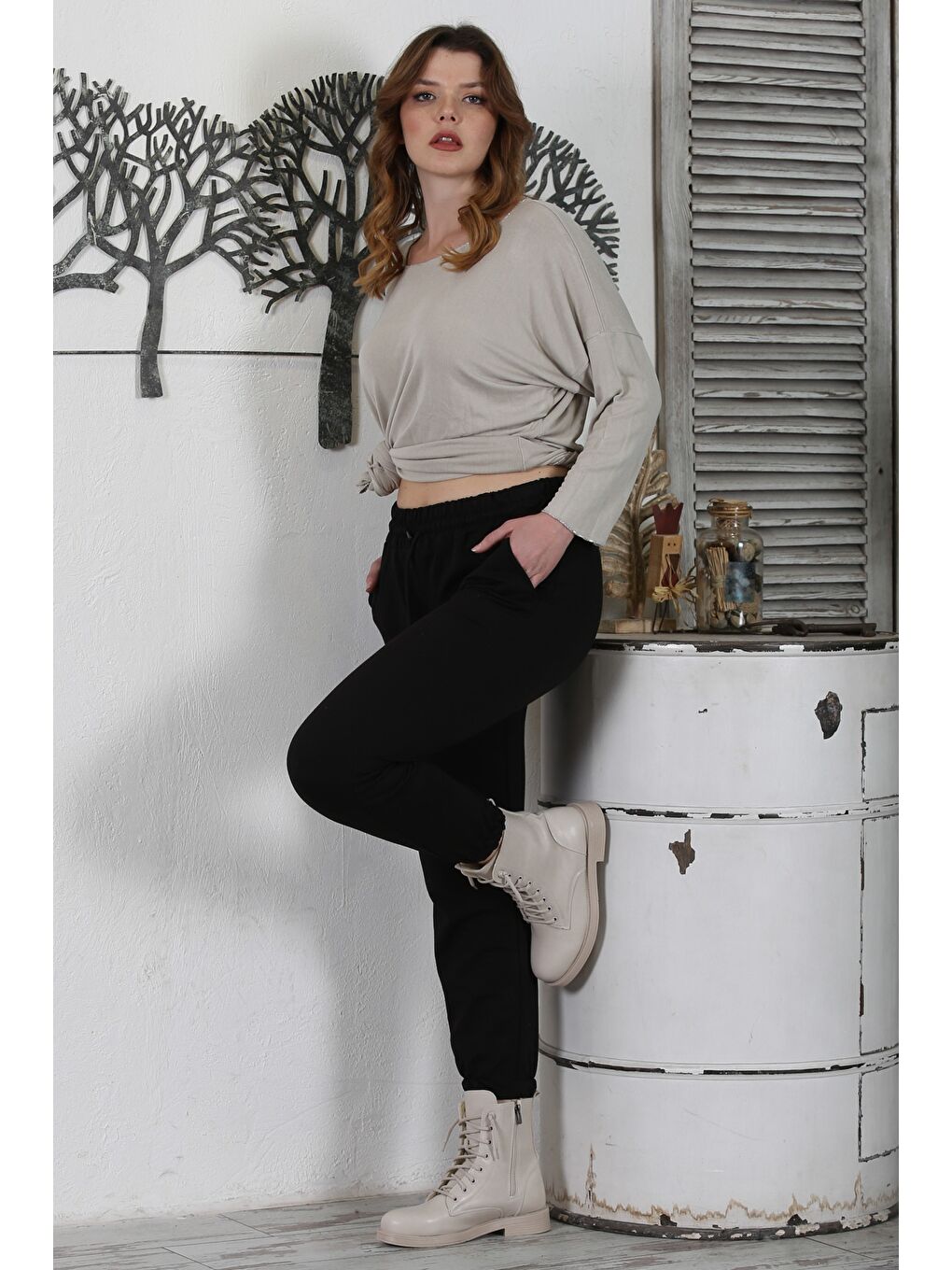 Siyah Çift Cepli Lastikli Ve Bağlamalı Bel Jogger Paça Casual Örme Pantolon 92 60-3