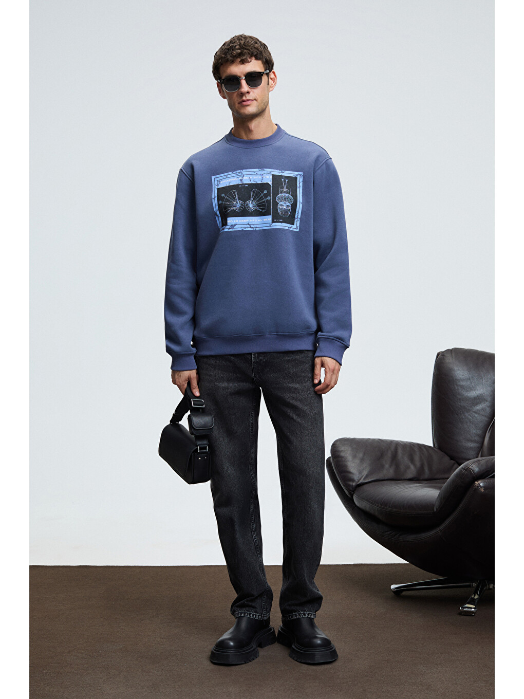 Lucıan Erkek Göğsü Ve Sırtı Baskılı Yuvarlak Yaka Regular Fit İndigo Sweatshirt-2