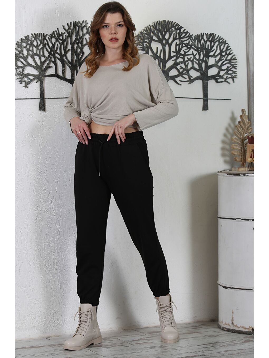 Siyah Çift Cepli Lastikli Ve Bağlamalı Bel Jogger Paça Casual Örme Pantolon 92 60-4