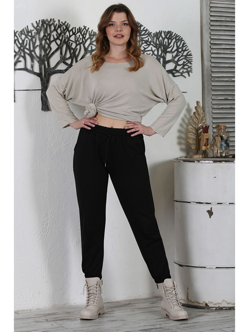 Siyah Çift Cepli Lastikli Ve Bağlamalı Bel Jogger Paça Casual Örme Pantolon 92 60-5