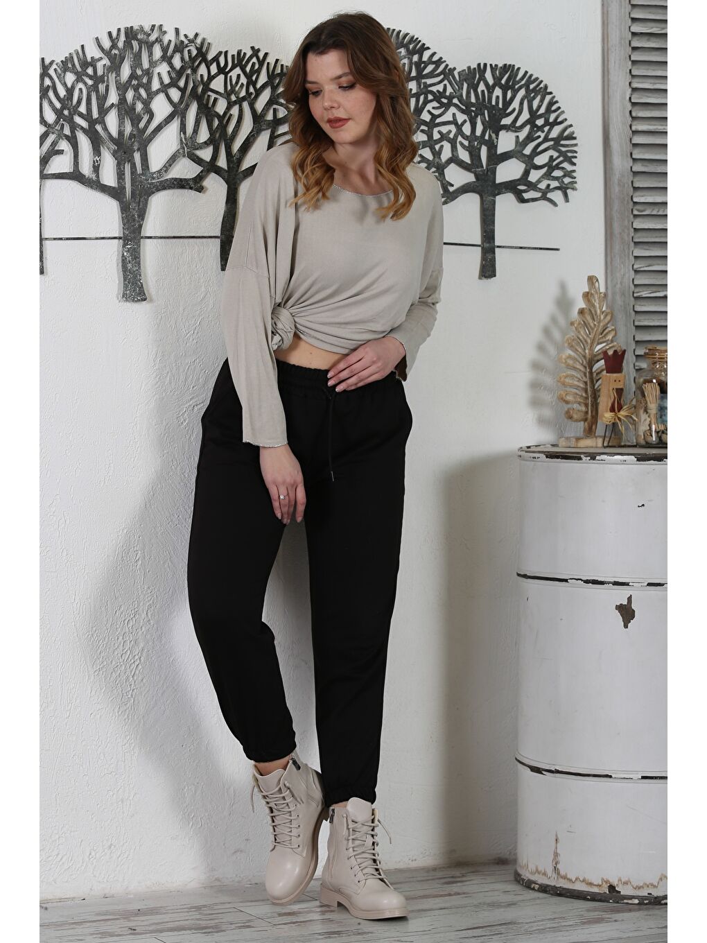 Siyah Çift Cepli Lastikli Ve Bağlamalı Bel Jogger Paça Casual Örme Pantolon 92 60-6