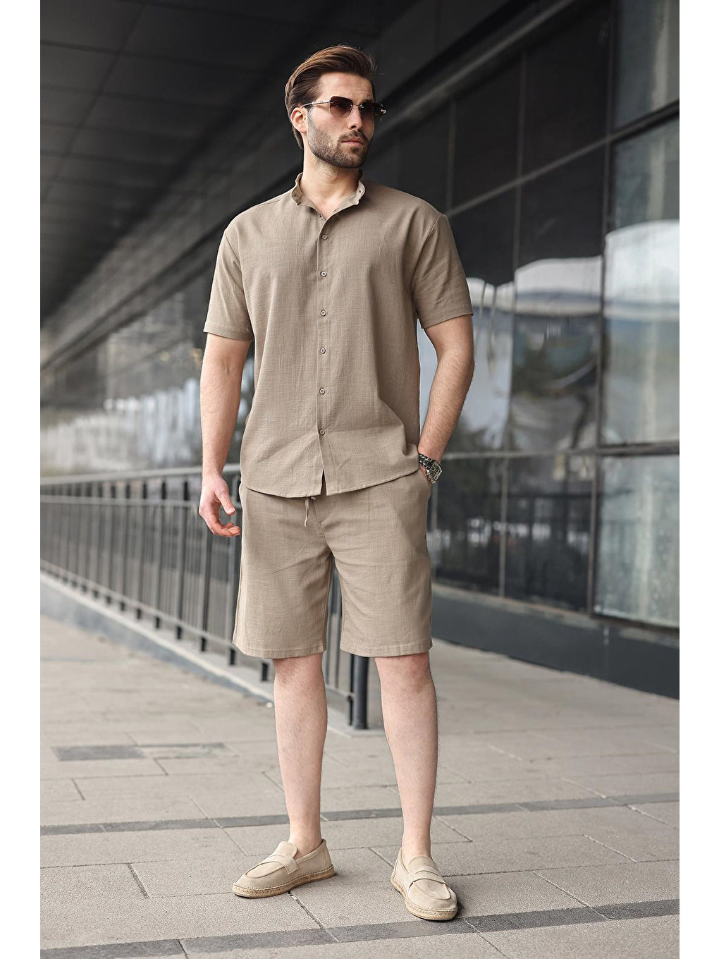 Bej Vizon Erkek Şort Gömlek Takım E7350