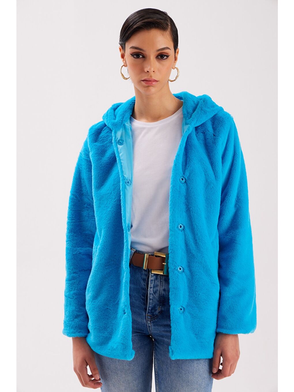 Astarlı Kapüşonlu Pelüş Mont - Mavi-1