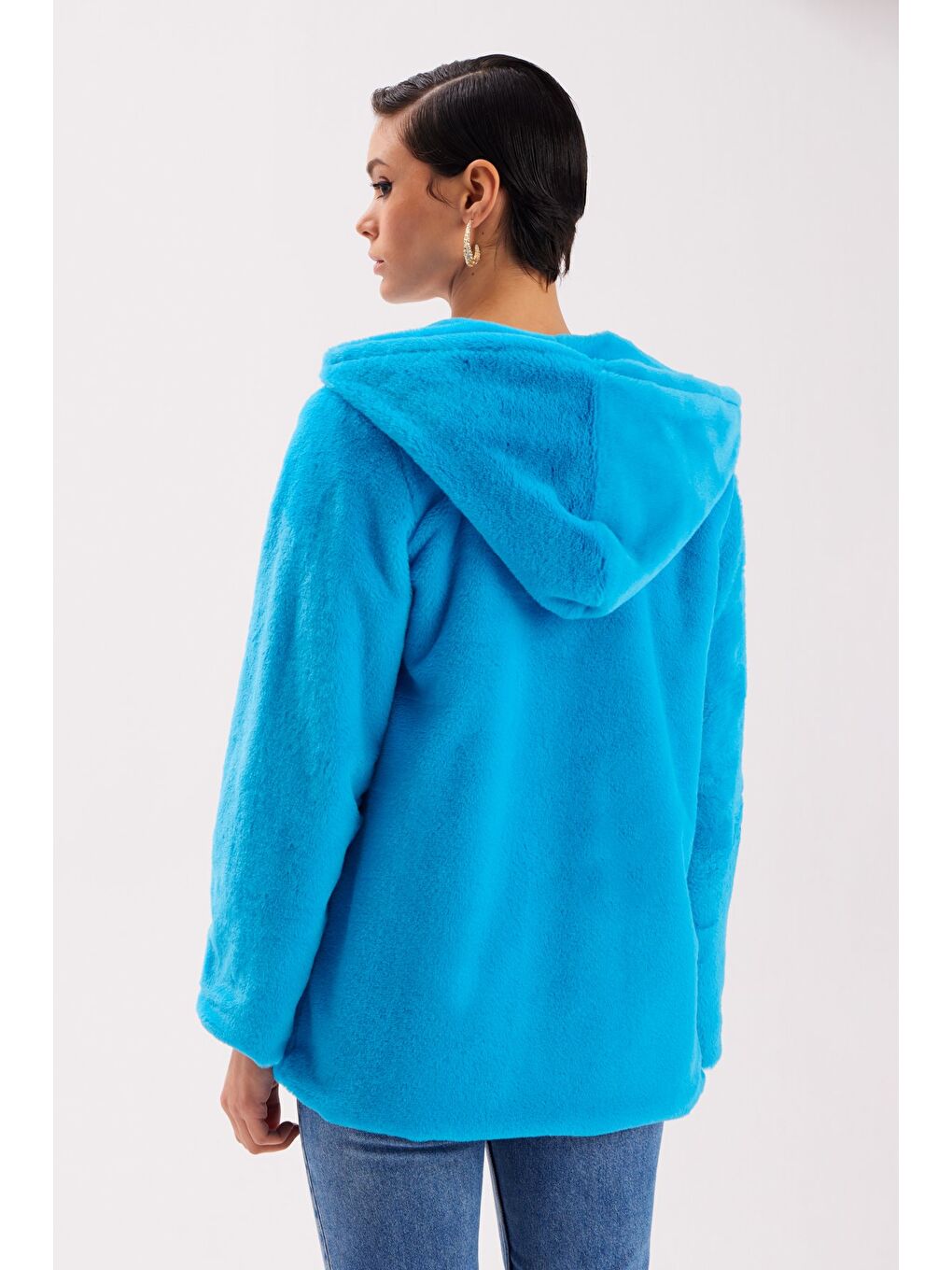 Astarlı Kapüşonlu Pelüş Mont - Mavi-5