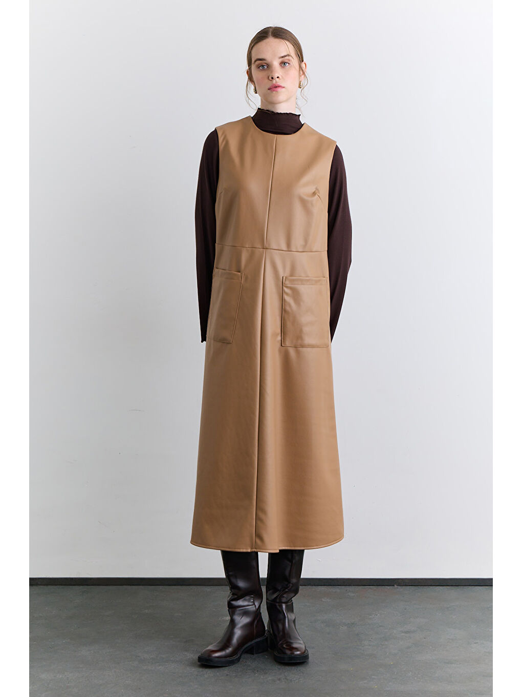 Kahverengi Cep Detaylı Deri Elbise Camel-2