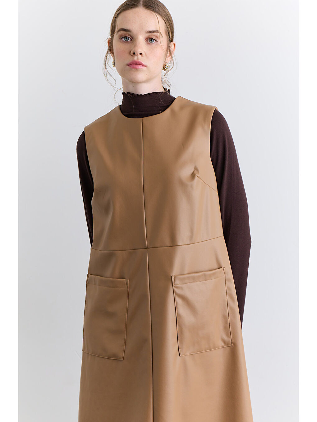 Kahverengi Cep Detaylı Deri Elbise Camel-3