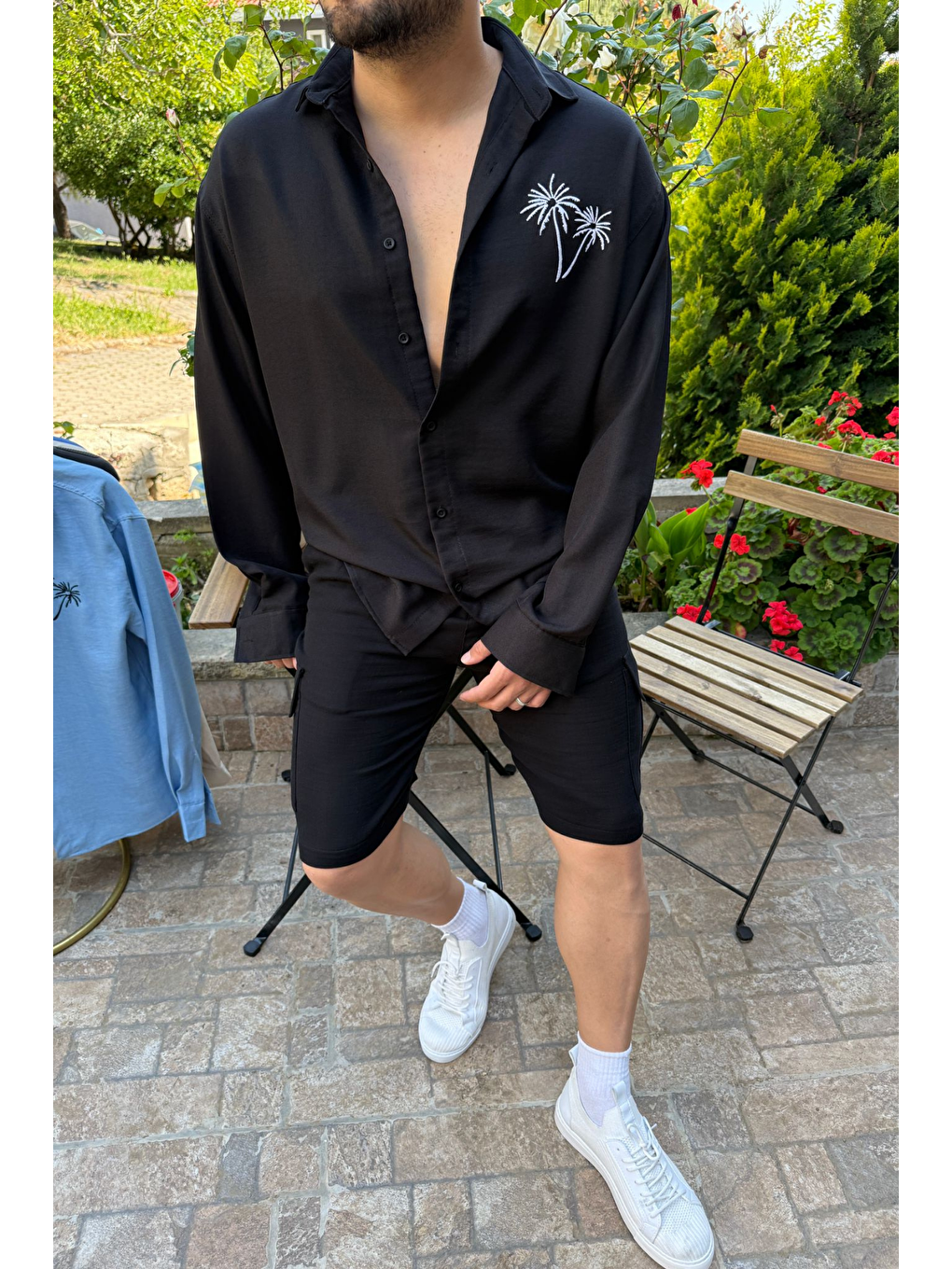 Erkek Siyah Düğmeli Yaka  100 Keten Nakışlı Gömlek