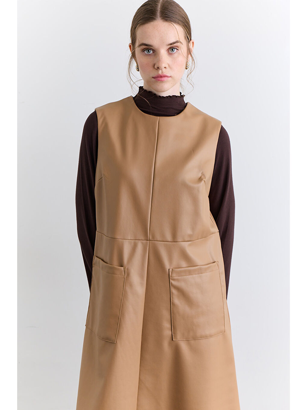 Kahverengi Cep Detaylı Deri Elbise Camel-4