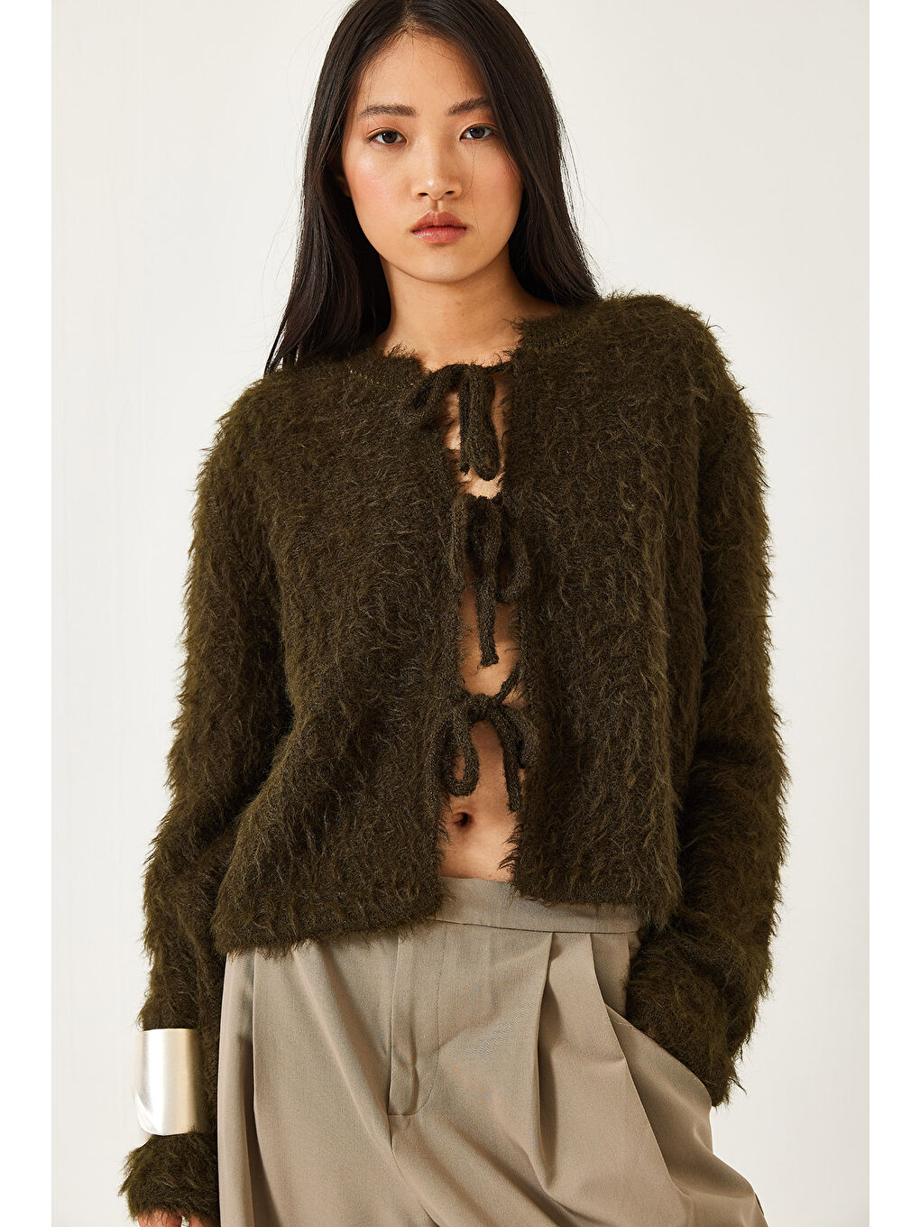 Haki Kadın Önden Bağlamalı Saçaklı Hırka-2