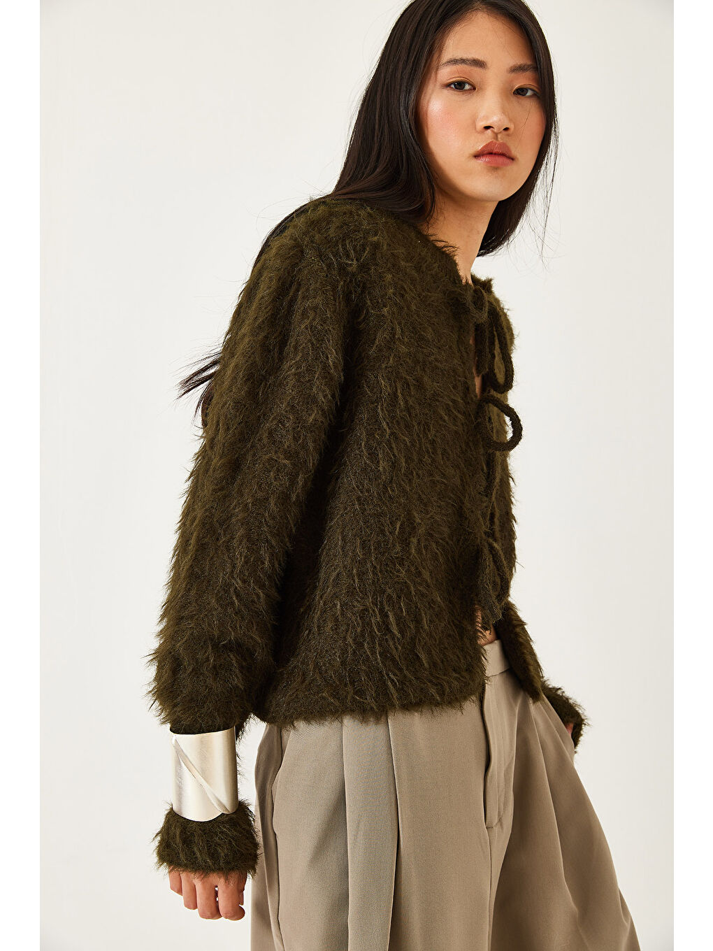 Haki Kadın Önden Bağlamalı Saçaklı Hırka-3