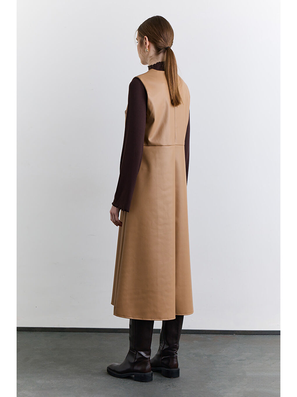 Kahverengi Cep Detaylı Deri Elbise Camel-5