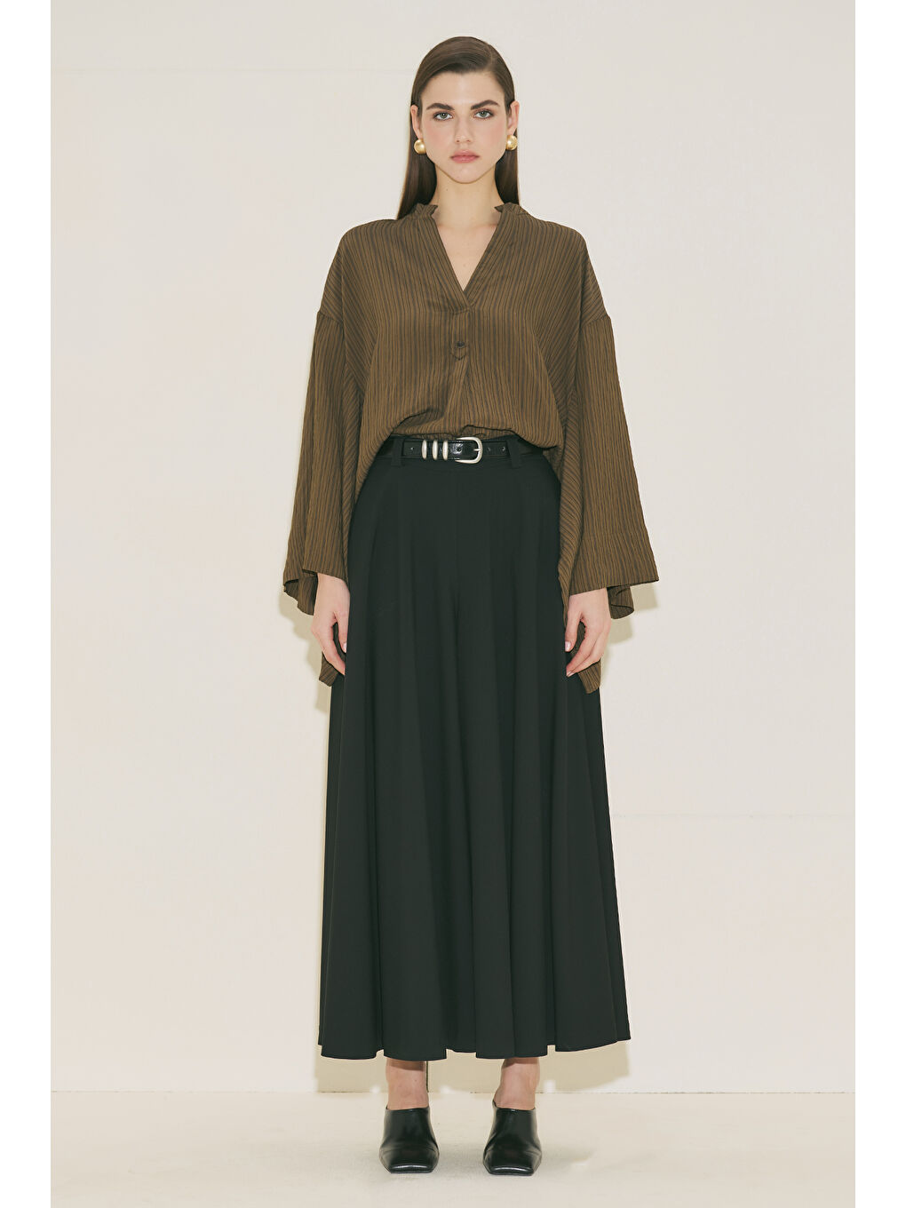 Kimono Kol Bluz Haki Çizgili