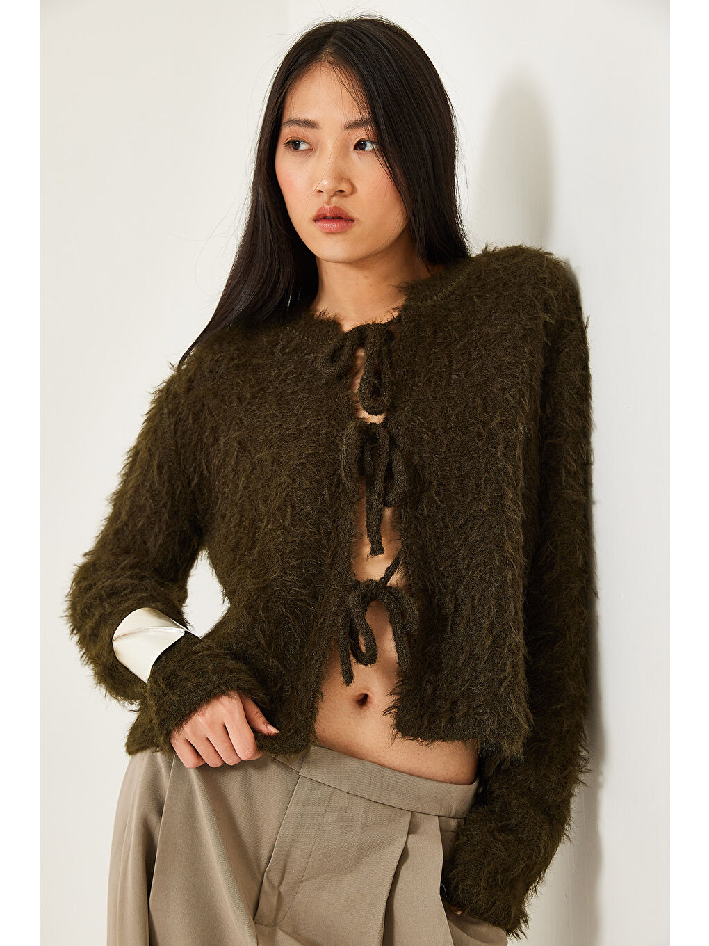 Haki Kadın Önden Bağlamalı Saçaklı Hırka-4