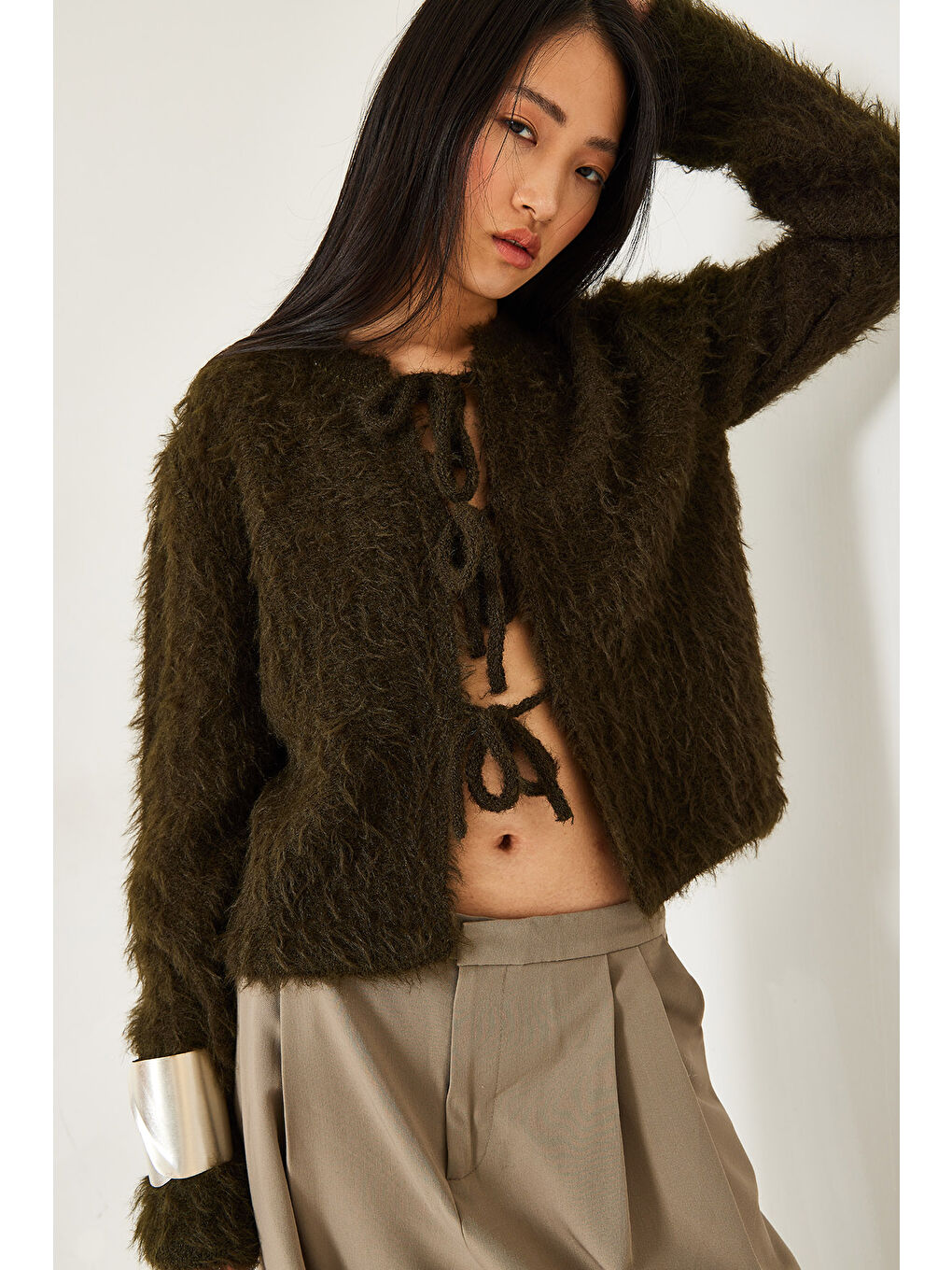 Haki Kadın Önden Bağlamalı Saçaklı Hırka-5