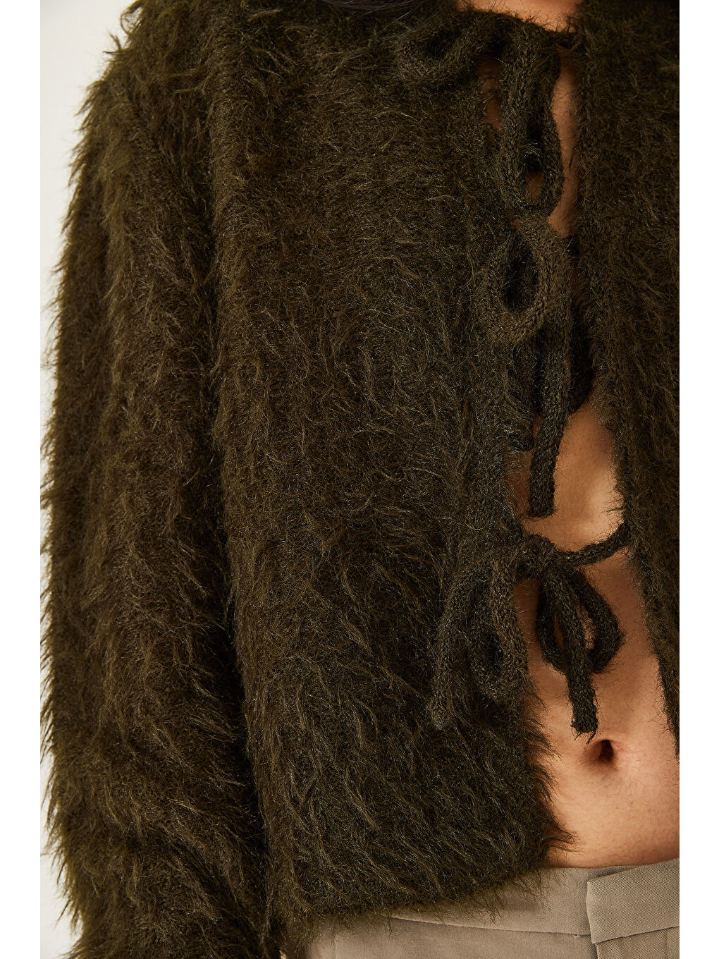 Haki Kadın Önden Bağlamalı Saçaklı Hırka-6