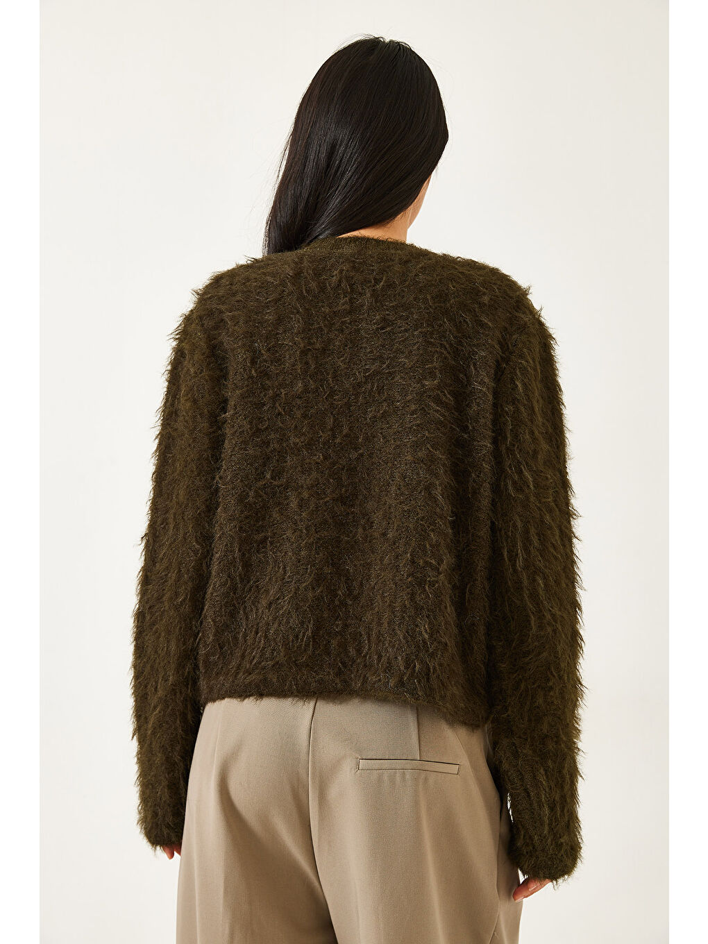 Haki Kadın Önden Bağlamalı Saçaklı Hırka-7