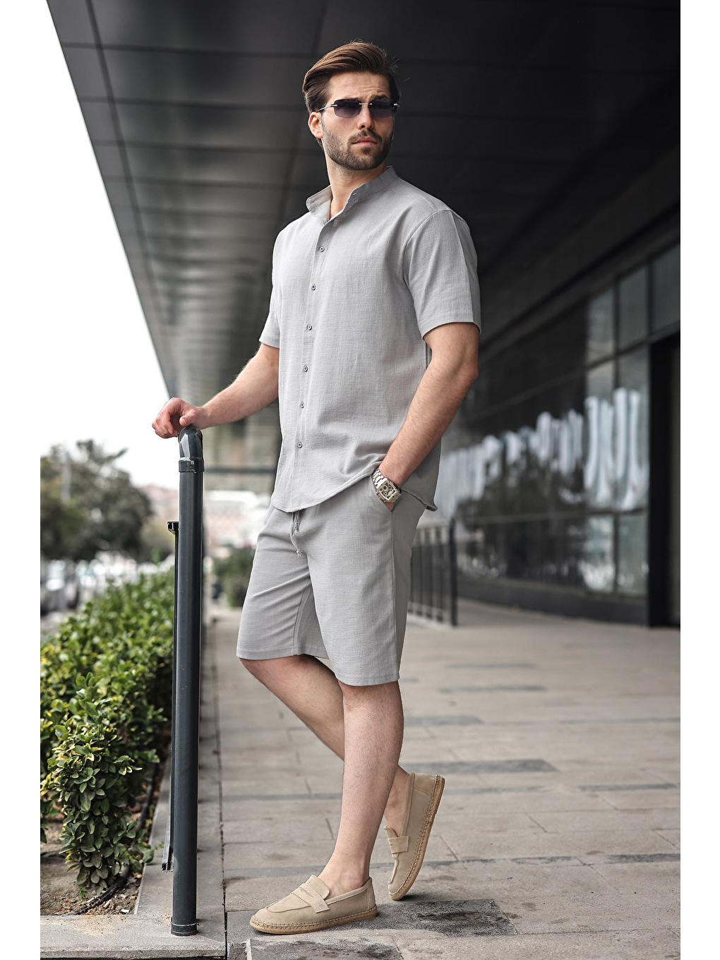 Boyalı Gri Erkek Şort Gömlek Takım E7350