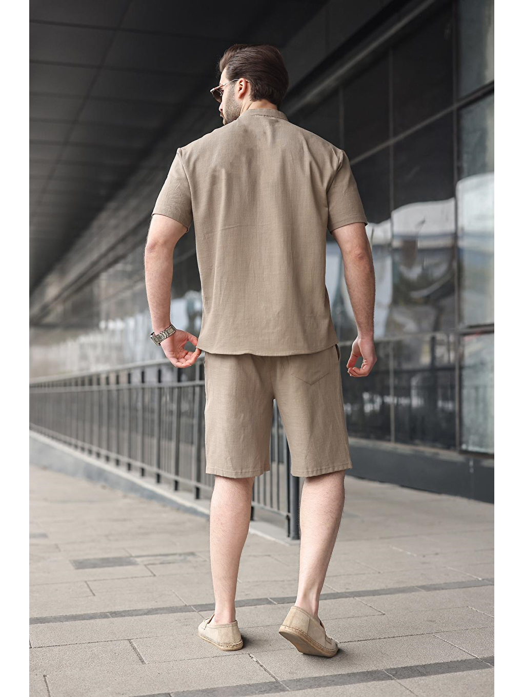 Bej Vizon Erkek Şort Gömlek Takım E7350-2