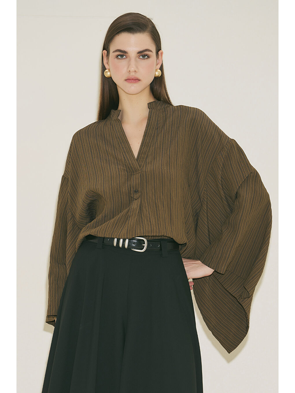 Kimono Kol Bluz Haki Çizgili-1