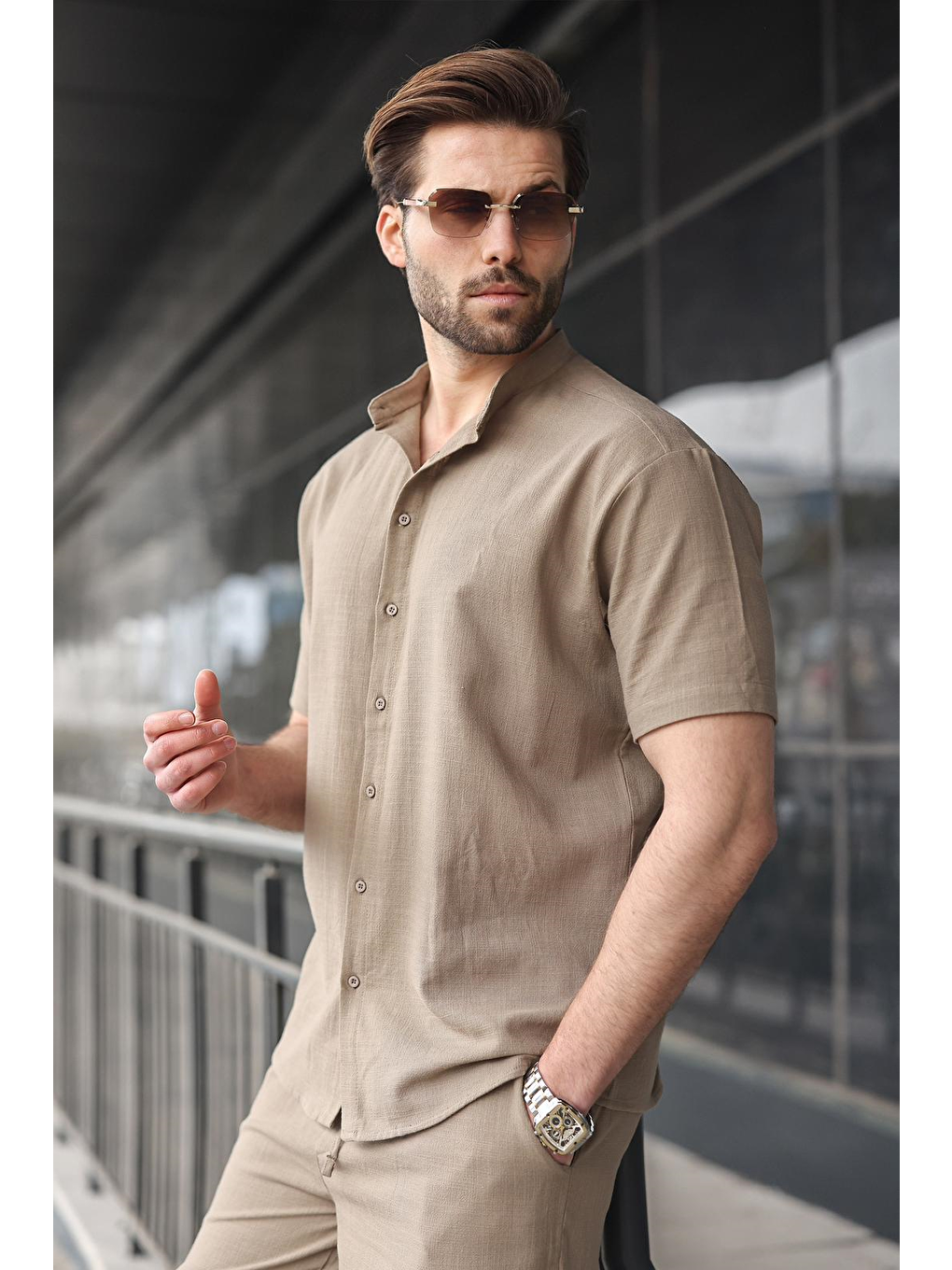 Bej Vizon Erkek Şort Gömlek Takım E7350-3