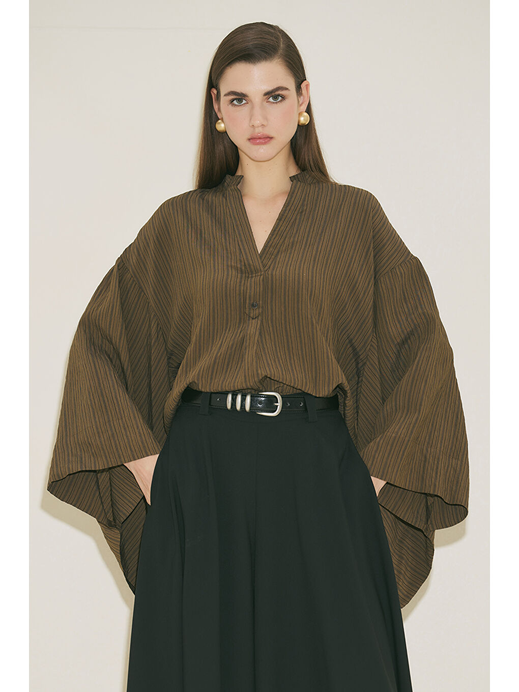 Kimono Kol Bluz Haki Çizgili-2