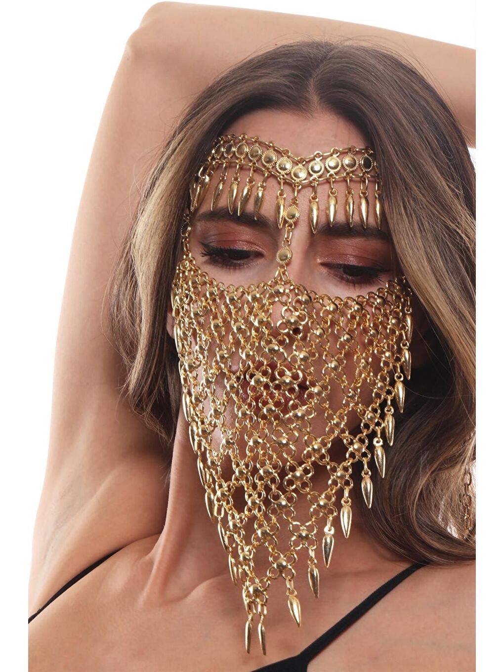 Sarı Kadın Altın Renk Kaplama Ayarlanabilir El Yapımı Peçe-1