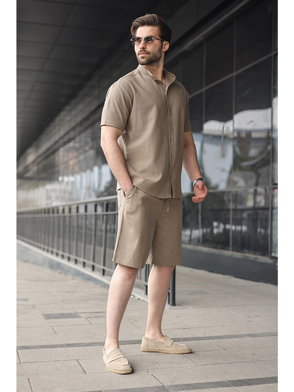 Bej Vizon Erkek Şort Gömlek Takım E7350-5