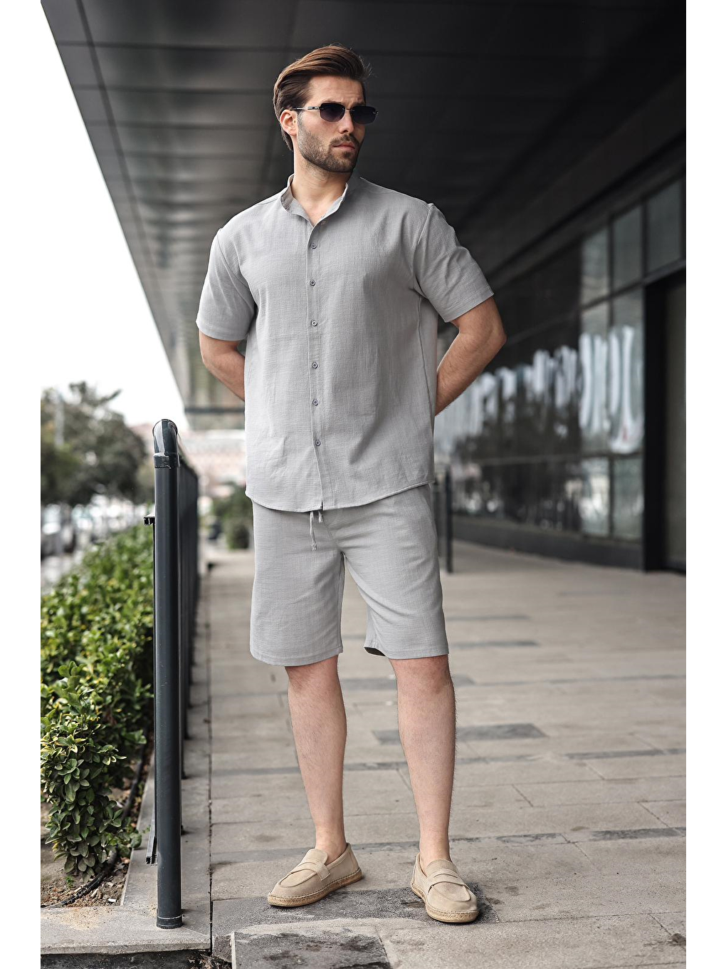 Boyalı Gri Erkek Şort Gömlek Takım E7350-1