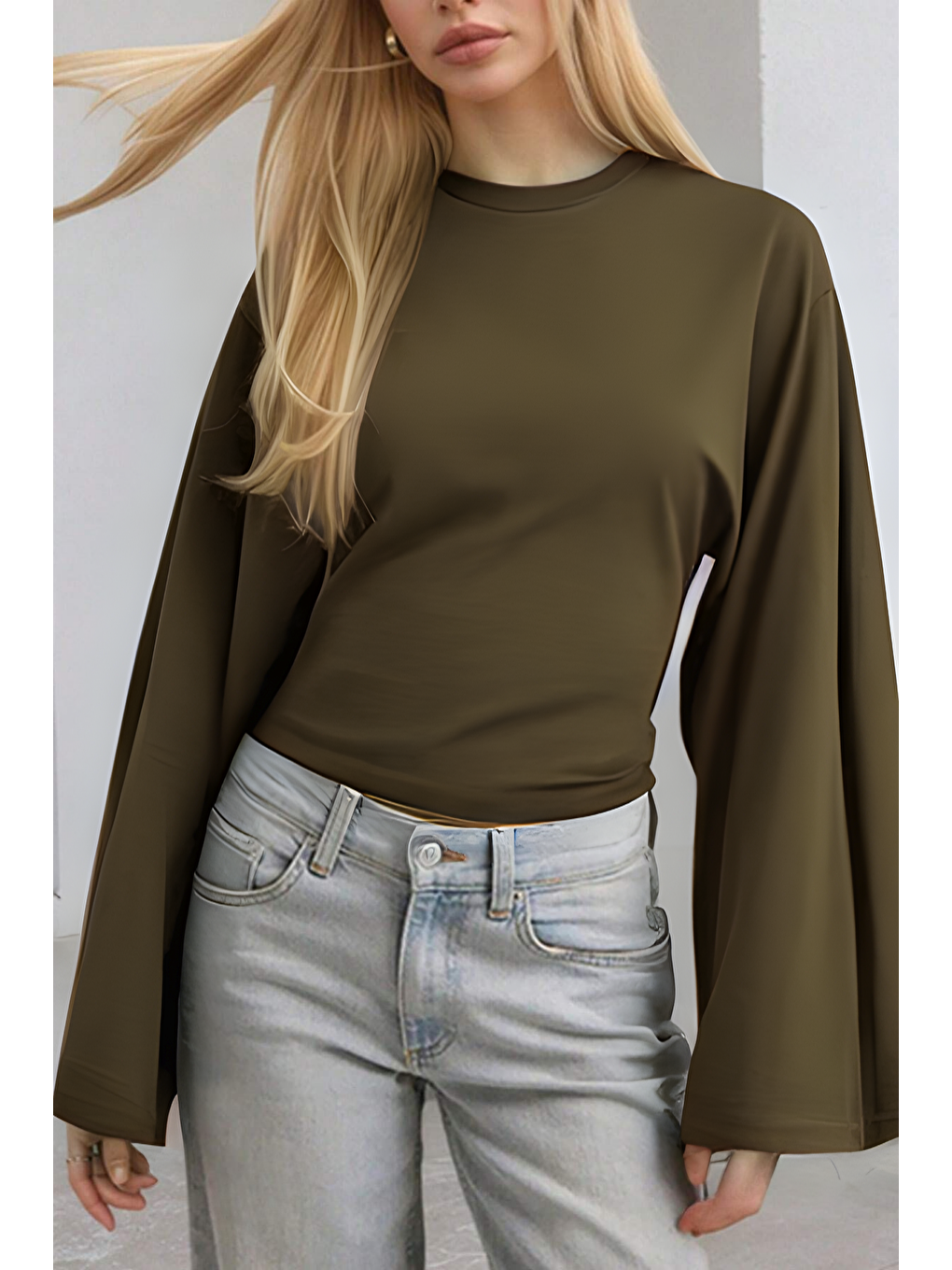 Haki Kadın Uzun Kollu Belden Oturtmalı Bluz-1