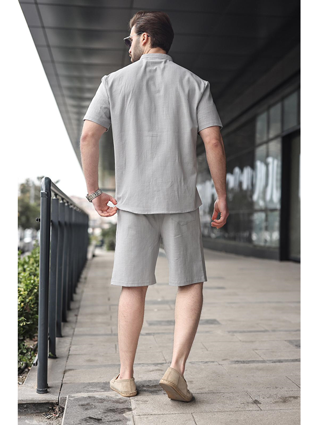 Boyalı Gri Erkek Şort Gömlek Takım E7350-2