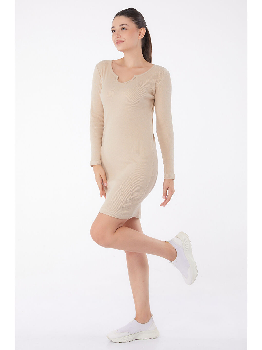 Midi Elbise Bej - 26122-2