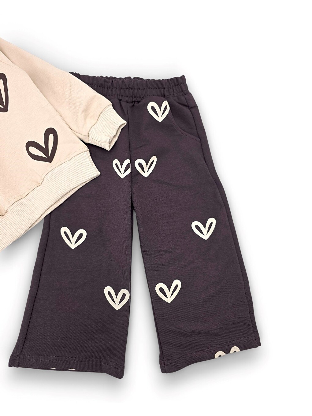 Kahverengi Kız Çocuk Kalp Baskılı Geniş Paça Pantalonlu 2'li Mevsimlik Takımı-5