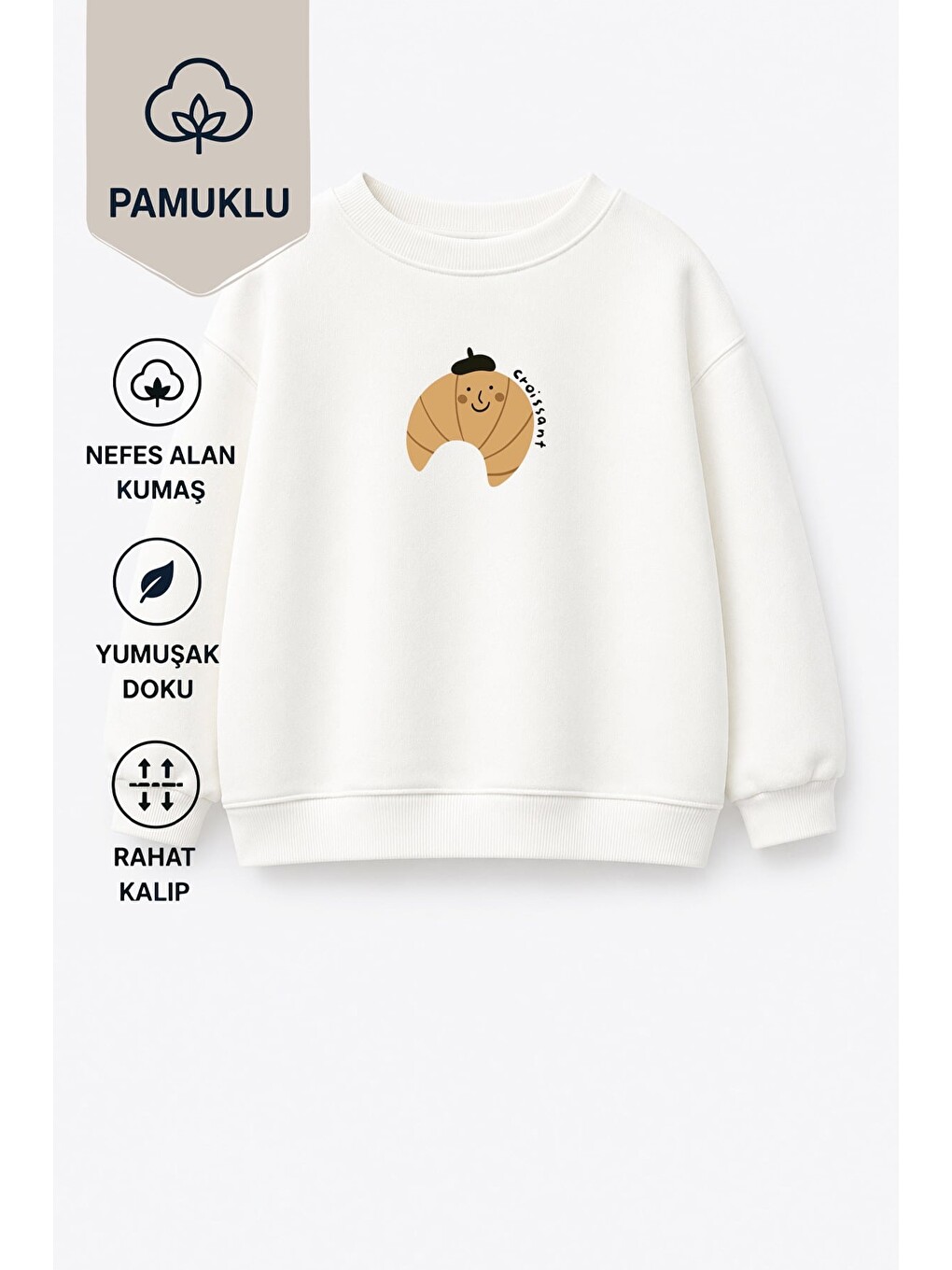 Ekru Unisex Çocuk Pamuklu Bisiklet Yaka Kruvasan Baskılı T-shirt-3