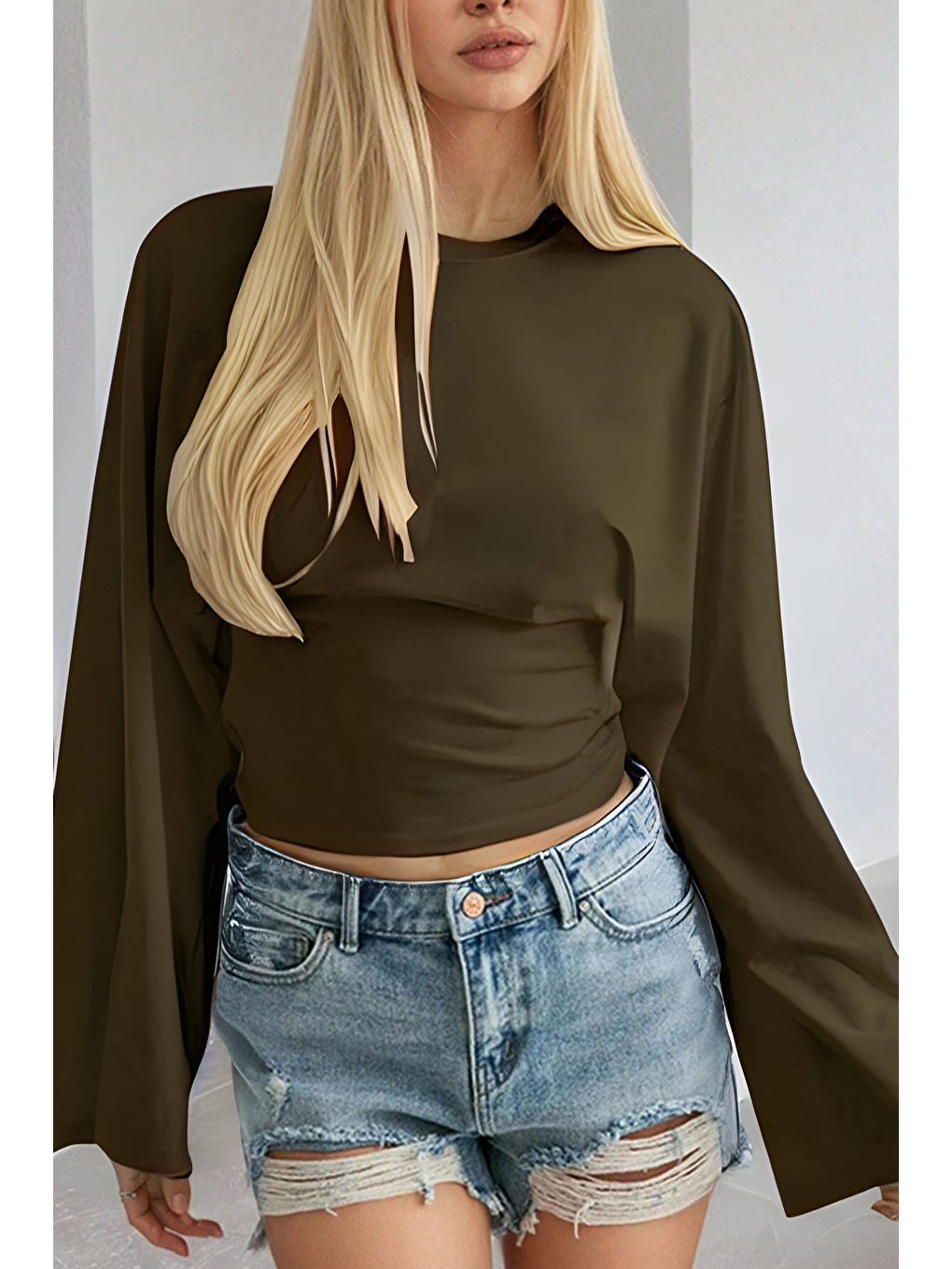 Haki Kadın Uzun Kollu Belden Oturtmalı Bluz-2