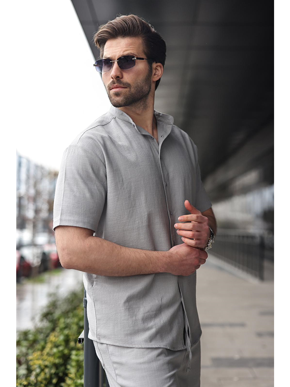 Boyalı Gri Erkek Şort Gömlek Takım E7350-4