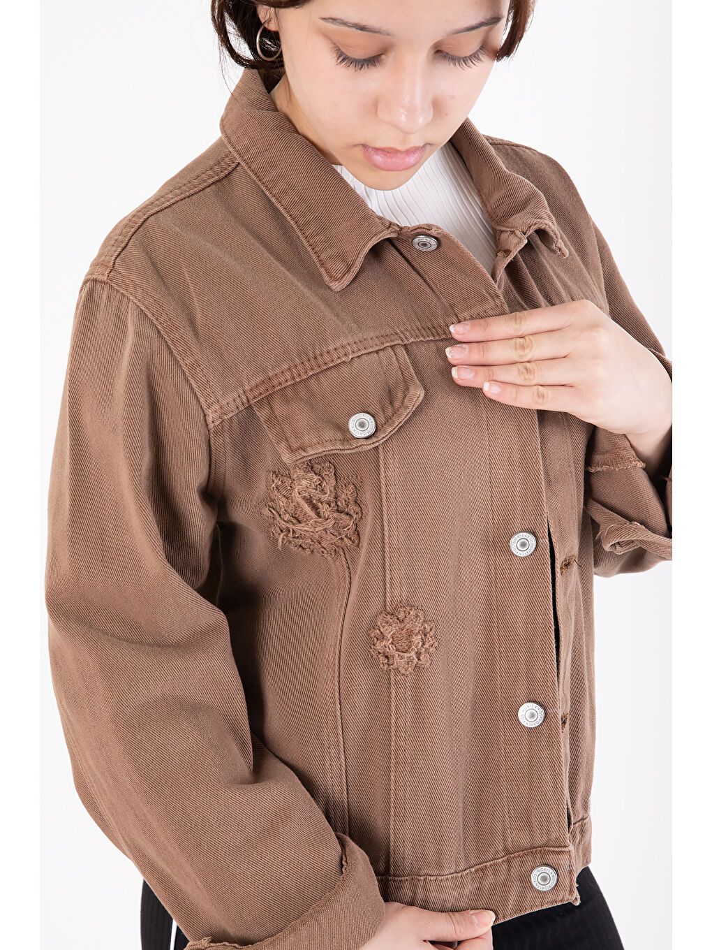 Kahverengi Ön Cepli Nakış Detaylı Kız Çocuk Jean Ceket 20360-1