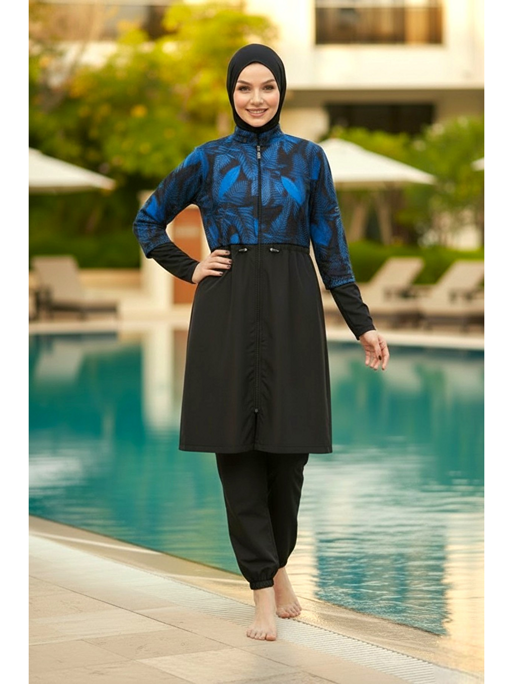 Siyah Hızlı Kuruyan Paraşüt Kumaş 4 Parça Tam Kapalı Tesettür Mayo 22185-1