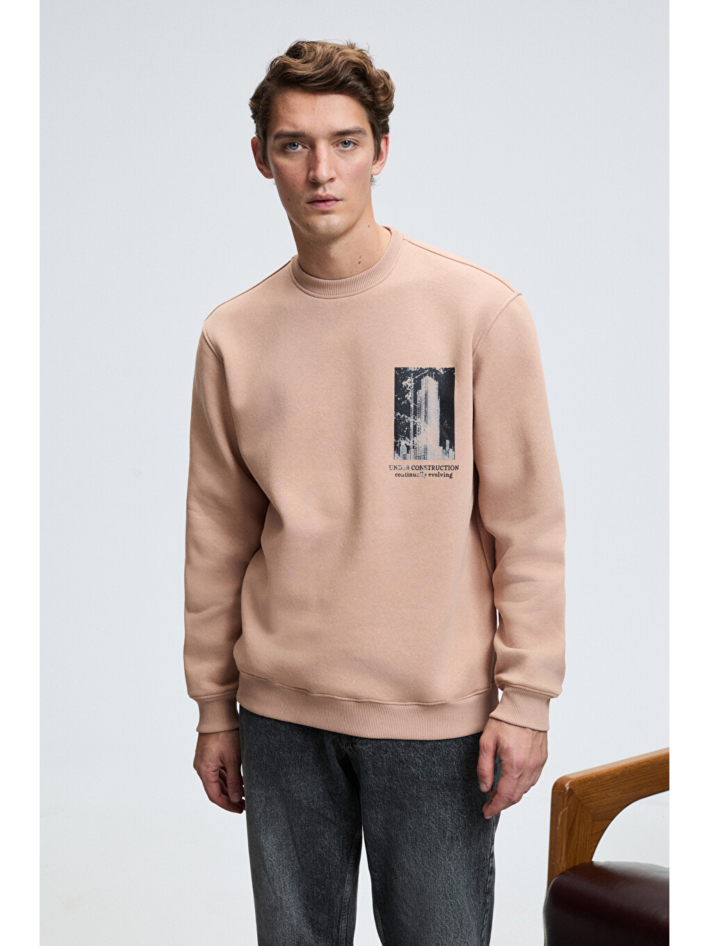 Bej Lucıan Erkek Göğsü Ve Sırtı Baskılı Yuvarlak Yaka Regular Fit Vizon Sweatshirt-3
