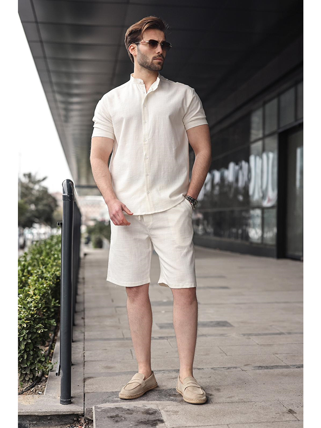Ekru Erkek Şort Gömlek Takım E7350-2