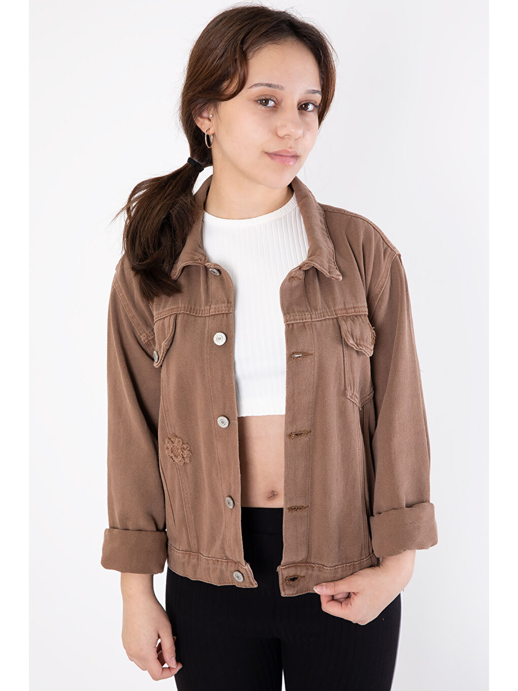 Kahverengi Ön Cepli Nakış Detaylı Kız Çocuk Jean Ceket 20360-2