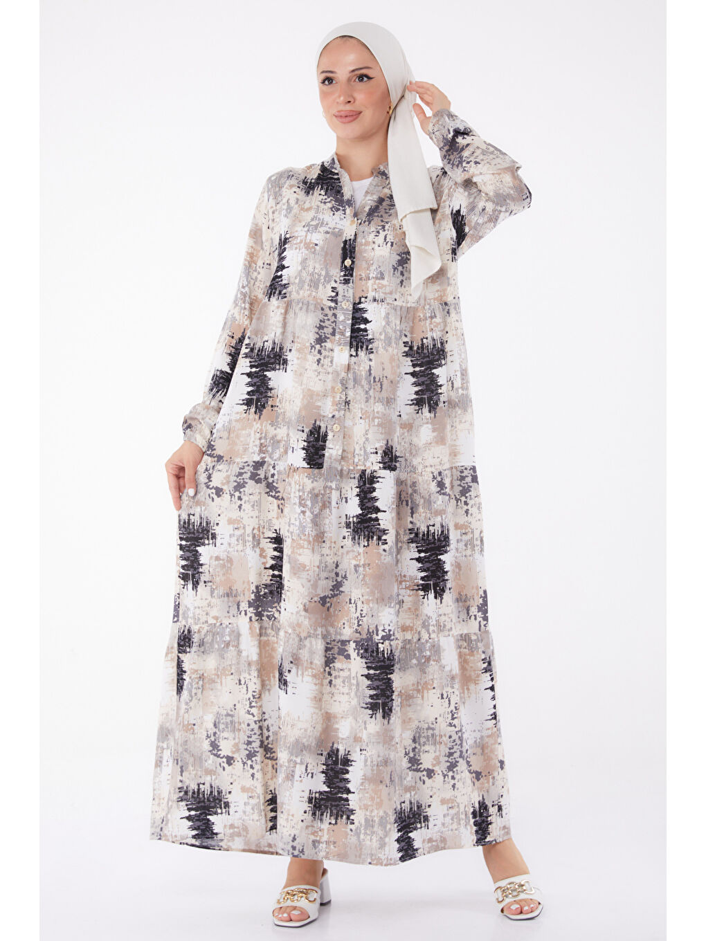 Düğmeli Desenli Elbise Siyah - 26045