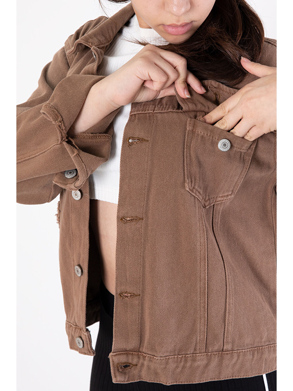 Kahverengi Ön Cepli Nakış Detaylı Kız Çocuk Jean Ceket 20360-3