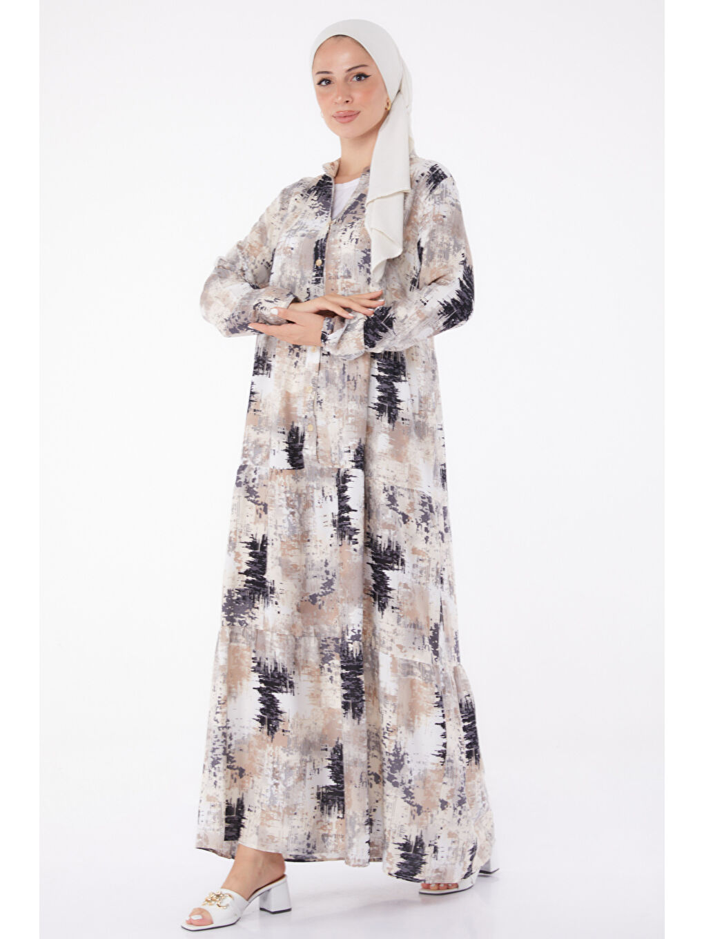 Düğmeli Desenli Elbise Siyah - 26045-1