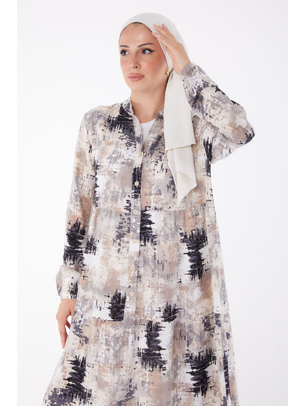 Düğmeli Desenli Elbise Siyah - 26045-2