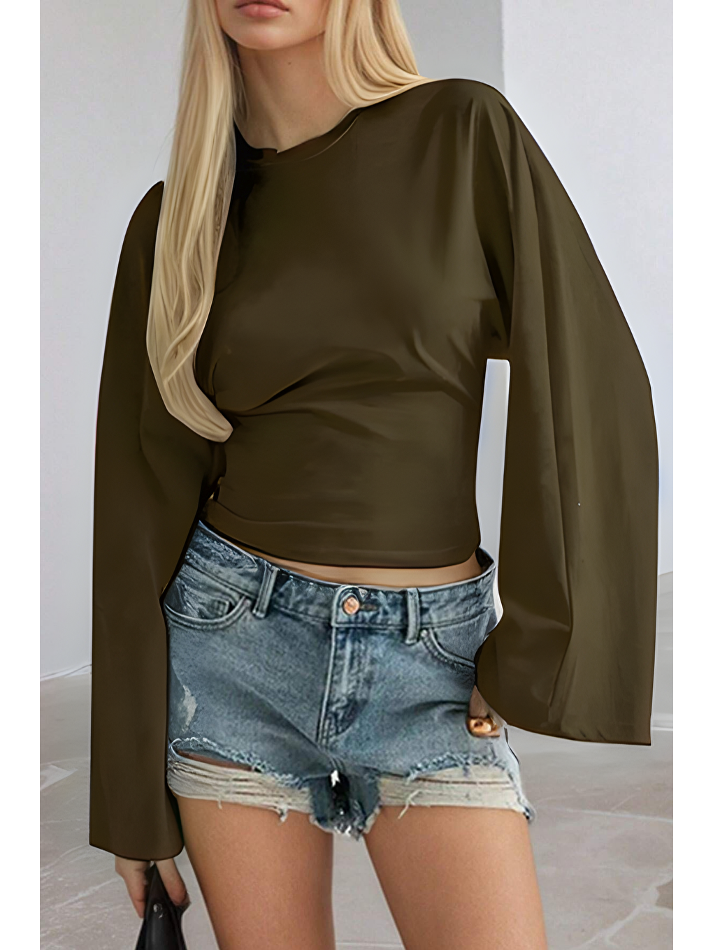 Haki Kadın Uzun Kollu Belden Oturtmalı Bluz-3